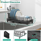 Small Sink Dish Drying Rack with Drainboard, Compact Dish Drainer for Kitchen Countertop, Rustproof Plate Organizer with Utensil Holder, Black