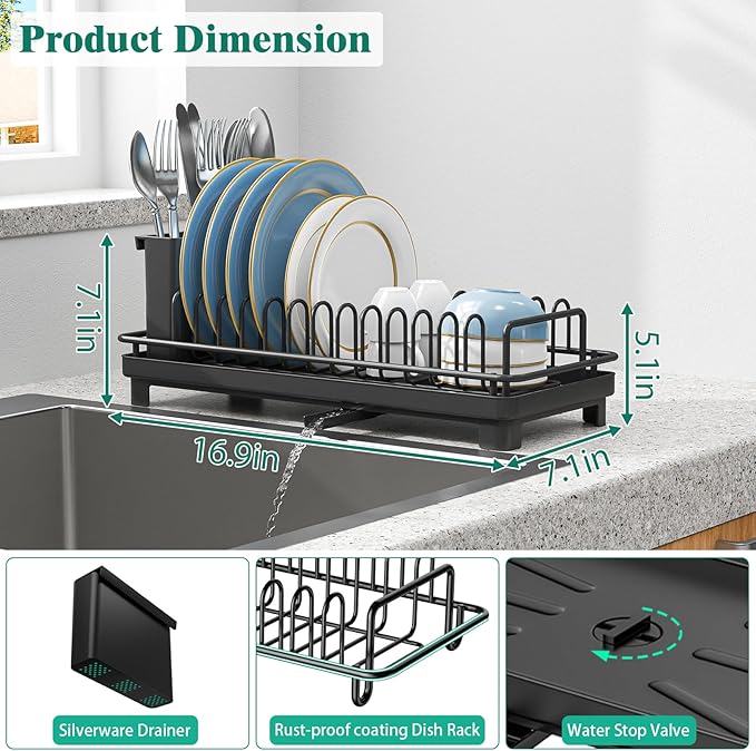 Small Sink Dish Drying Rack with Drainboard, Compact Dish Drainer for Kitchen Countertop, Rustproof Plate Organizer with Utensil Holder, Black