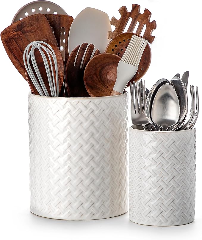 Utensil Holder - 7.2"+5.4" Ceramic Utensil Holder for Kitchen Counter, Large Utensil Crock Flatware Organizer Spatula Holder for Counter, Farmhouse Embossed Vase for Housewarming, Home & Kitchen Decor