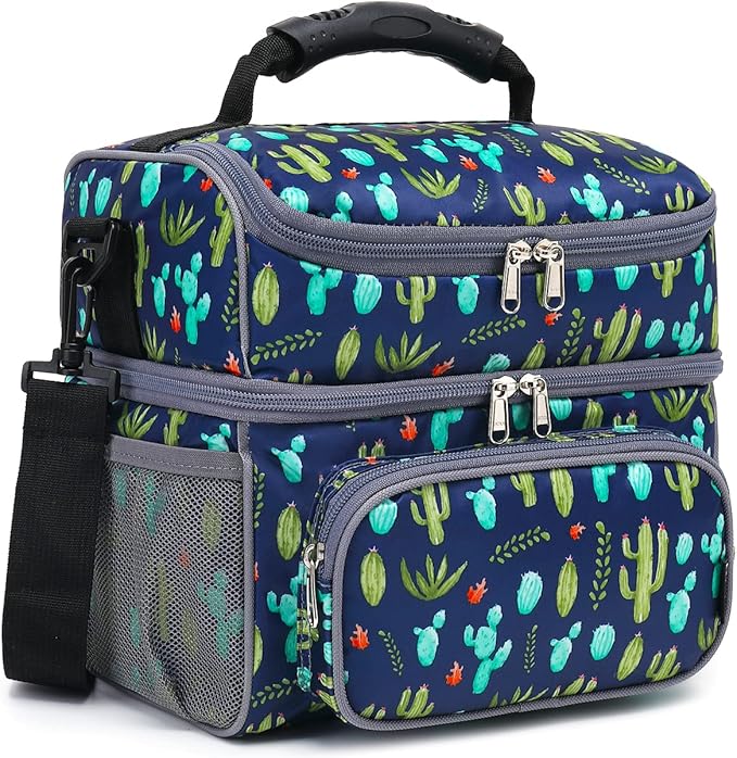 FlowFly Double Layer Cooler Insulated Lunch Bag Adult Lunch Box Large Tote Bag for Men, Women, With Adjustable Strap,Front Pocket and Dual Large Mesh Side Pockets