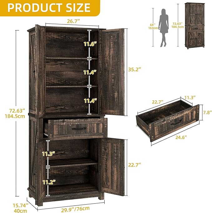 DWVO 72" Tall Farmhouse Pantry Cabinet, Kitchen Storage Pantry with Barn Doors & Drawer, Versatile Organizer with Adjustable Shelves, Rustic Cupboard for Dining Room, Living Room, Dark Rustic Oak
