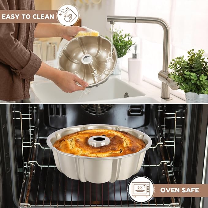 Onader Fluted Cake Pan Nonstick, 10 Inch Round Tube Baking Pan for Pound Cake, 10 Cups Large Heavy Duty Carbon Steel Baking Mold Bakeware, Gold