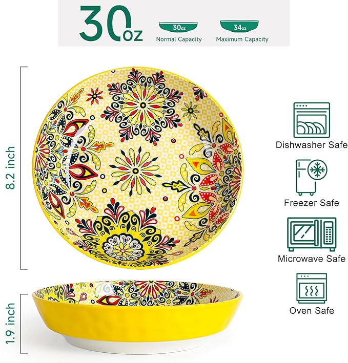 KitchenTour Pasta Bowls Set of 6-30 oz Large Wide & Shallow Serving Bowl, Colorful Ceramic Salad Bowls for Everyday Dining - 8.2 Inch, Microwave and Dishwasher Safe, Bohemian Style