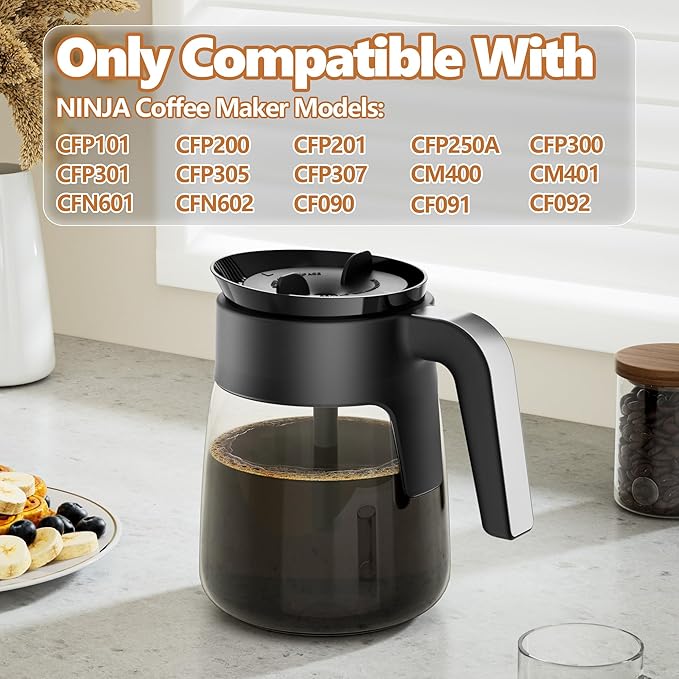 12 Cup Coffee Pot Replacement Compatible with Ninja Coffee Maker CFP101 CFP201 CFP301 CFN601 CFP307 CFN602 CM400 CM401 CF090, Glass Carafe for Ninja with Brew-Through Lid, BPA Free, Dishwasher Safe