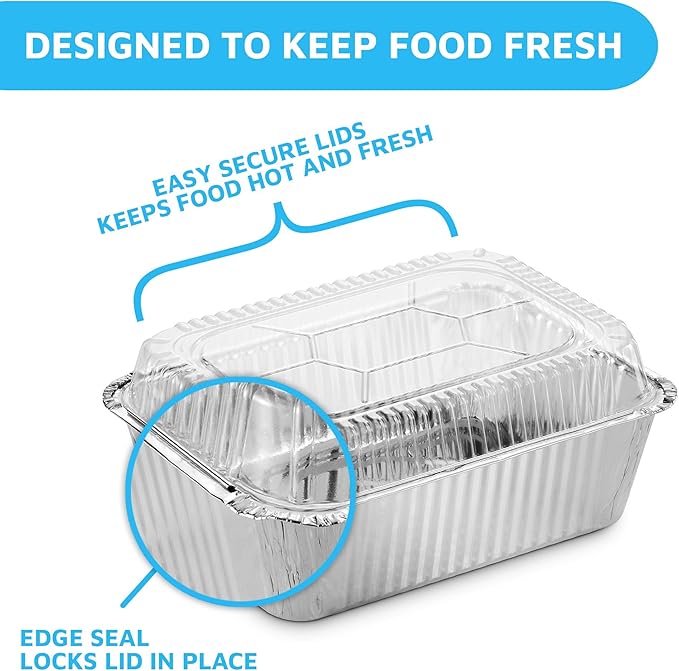 MontoPack Disposable Takeout Pans with Clear Lids | 5lb Capacity Aluminum Foil Food Containers with Seal for Freshness | Eco-Friendly & Recyclable | 25-Pack 6.5x9.5” Drip Pans