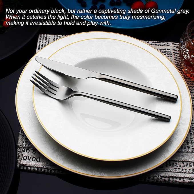 24 Piece Silverware Set For 6 Black Heavy duty 18/10 Stainless Steel Flatware Set Modern Design Knife/Fork/Spoon Mirror Polished Dishwasher Safe Cutlery Set with Gifts