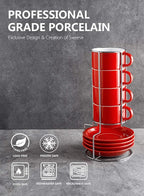 Sweese 8 Ounce Porcelain Stackable Cappuccino Cups with Saucers and Metal Stand - for Specialty Coffee Drinks, Cappuccino, Latte, Americano and Tea - Set of 4, Red