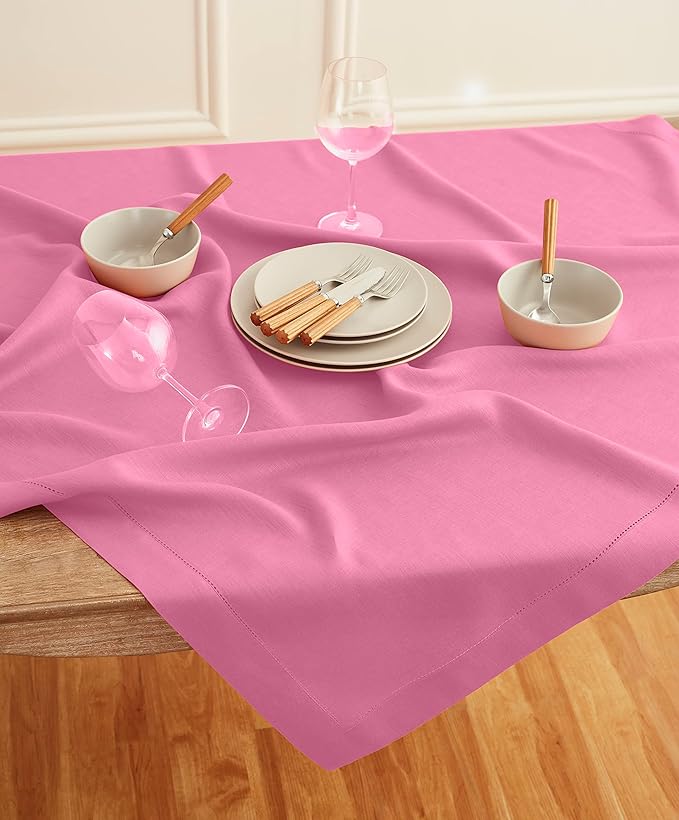 Solino Home Square Linen Tablecloth 52 x 52 Inch - 100% Pure Linen Flamingo Pink Table Throw - Classic Hemstitch, Machine Washable Table Cloth for Summer, Halloween