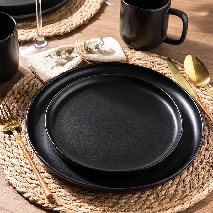 AmorArc Ceramic Dinner Salad Plates Set of 6, Wavy Rim 8.5 Inch Dish Set, The Dessert,Salad, Appetizer, Small Dinner etc Plate,Microwave, Dishwasher Safe, Scratch Resistant, Matte Black