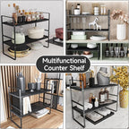 2Pack Expandable Cabinet Countertop Shelves 16.5-27’’L, Adjustable Metal Spice Rack Organizer, Stackable Kitchen Counter Storage Shelves Organizers for Cabinet Organization, Black