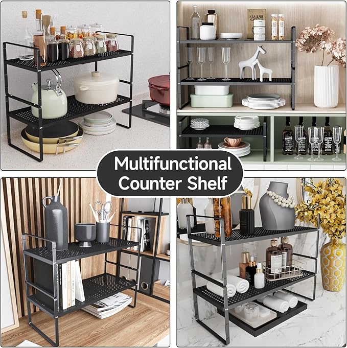 2Pack Expandable Cabinet Countertop Shelves 16.5-27’’L, Adjustable Metal Spice Rack Organizer, Stackable Kitchen Counter Storage Shelves Organizers for Cabinet Organization, Black