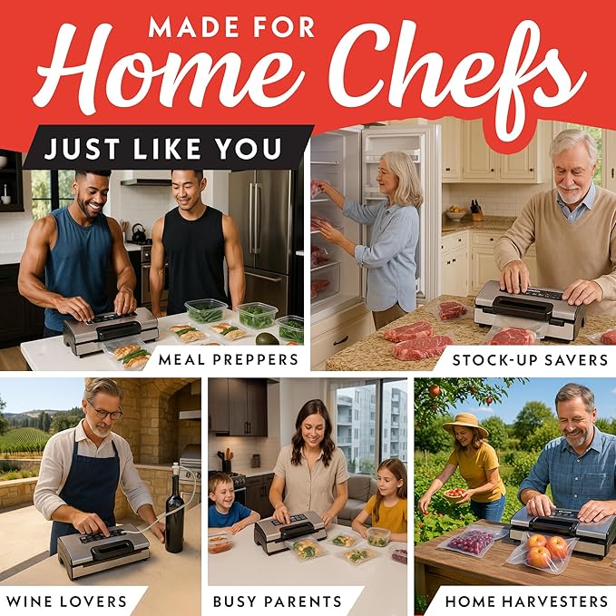 Premium Vacuum Sealer Machine for Food Storage – Dual Pressure Modes, Wet/Dry Sealing, Built-in Cutter & Bag Storage, Canister & Marinate Functions, Pulse Vacuum Control – Stainless Steel