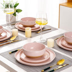 AmorArc Ceramic Dinnerware Sets for 6, 18 Pieces Handpainted Speckled Plates and Bowls Set with Rustic Terracotta Underside, Scratch Resistant Stoneware Dishes Set, Dishwasher & Microwave Safe, Pink