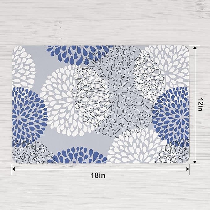 QIYI Placemats Set of 6, 12x18 Inch PU Leather Place Mats for Kitchen Dinning, Heat Resistant Anti Slip Flower Table Mats, Waterproof Wipeable Washable Placemat Party Table Décor, Blue Floral Burst
