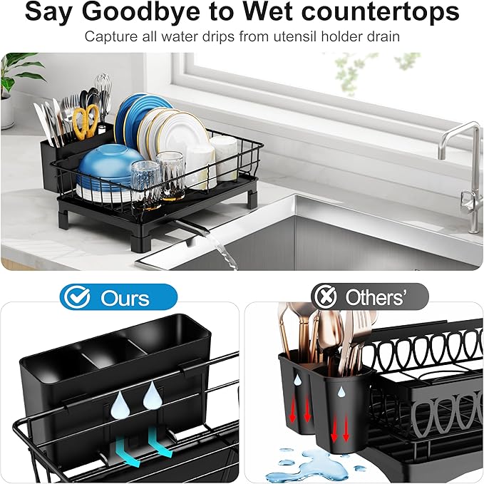 GSlife Small Dish Drying Rack - Dish Racks for RV Small Kitchen Counter, Space-Saving Dish Drainer with Drainboard, Utensil Holder, Dish Holder for Sink, 15" D x 10" L, Black