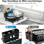 GSlife Small Dish Drying Rack - Dish Racks for RV Small Kitchen Counter, Space-Saving Dish Drainer with Drainboard, Utensil Holder, Dish Holder for Sink, 15" D x 10" L, Black