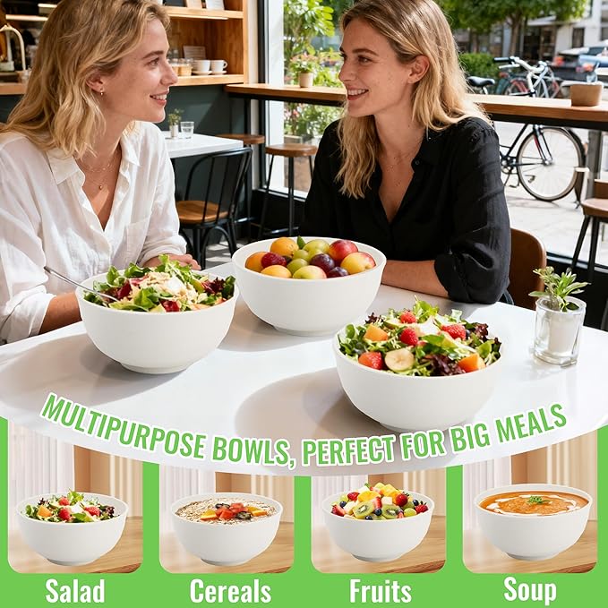 Large Salad Bowl, Wheat Straw Bowls Set 60 OZ, Unbreakable Big Bowls Set of 6, Large Serving Bowls for Kitchen, Cereal, Ramen, Soup, Microwave & Dishwasher Safe, White