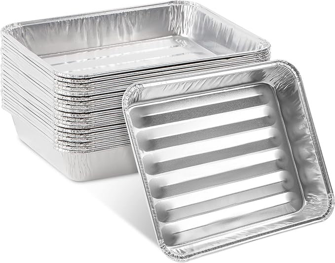 PLASTICPRO 20 Pack Disposable Aluminum Grill Liners Toppers Aluminum Foil Broiler Pans Durable Ribbed Grill Drip Pans 8.5x7