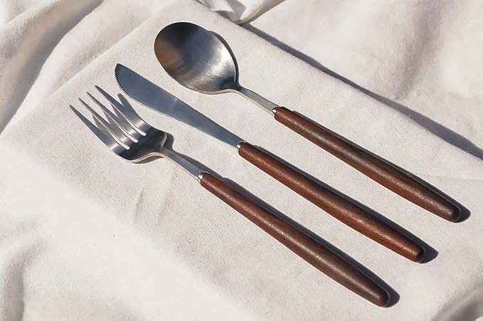 Lightweight Stainless Steel Flatware Set with Walnut (4 Sets, Plain)