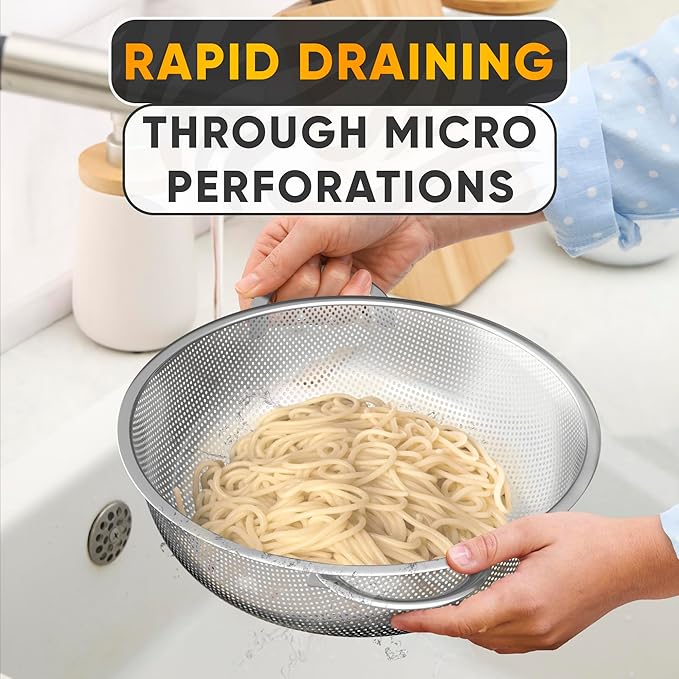 Stainless Steel Colander for Kitchen - 5Qt Rice Strainer With Handles, Perforated Design, Dishwasher Safe, Rust-Resistant - Versatile Pasta Strainer for Grains, Beans, Spaghetti, Veggies, Fruits