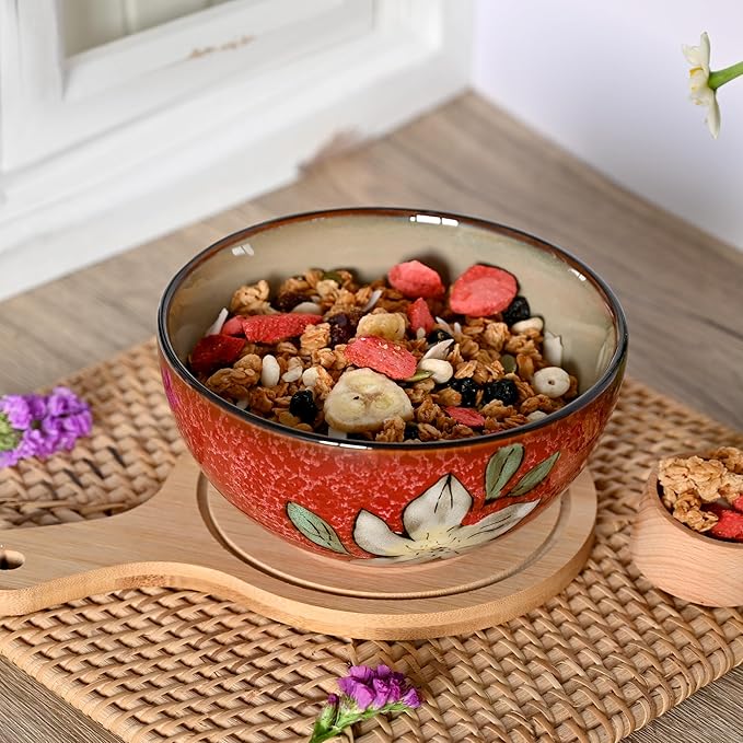 Ceramic Cereal Bowls Set of 6, Floral Design 6 inch – 28oz for Cereal, Salad, Soup, Dessert, or Snacks, Microwave, Dishwasher Safe