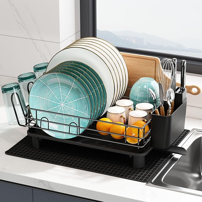 Black Stainless Steel Dish Drainers Drying Rack for Kitchen Counter with Drainboard Set, Rust Proof Metal, Space Saving, Modern Aesthetic, Compact Plates Strainers with Extra Mat
