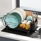 Black Stainless Steel Dish Drainers Drying Rack for Kitchen Counter with Drainboard Set, Rust Proof Metal, Space Saving, Modern Aesthetic, Compact Plates Strainers with Extra Mat