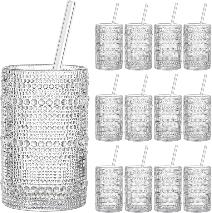 Vintage Hobnail Drinking Glasses Set of 12, 15oz Textured Tumblers - Embossed Clear Bar Glasses for Cocktails, Beer, Whiskey, Dishwasher-Safe Highball Cups for Kitchen, Juice & Mixed Drinks