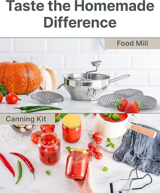 Upgraded 4-Disc Stainless Steel Food Mill – Ergonomic Rotary Design for Tomato Sauce, Applesauce, Baby Food, Mashed Potatoes, Jams, and More