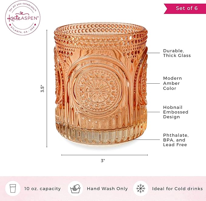 Kate Aspen Ribbed Retro Arch Floral Rose Gold Drinking Glasses Set of 6, (10 oz) Vintage Glassware Set Cocktail Glass Set, Juice Glass, Water Cups | Great Hostess Gift & Gift for New Home Owners