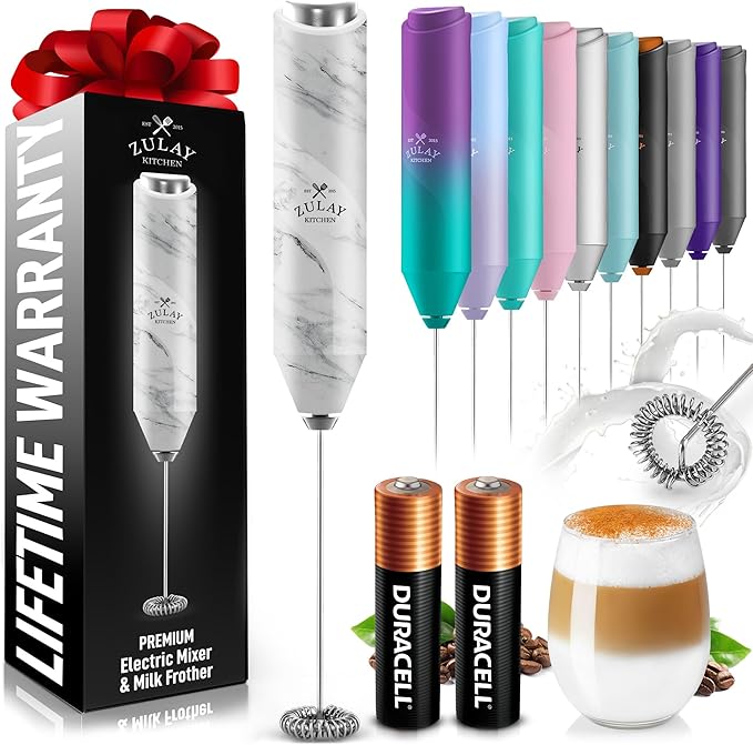 Zulay Kitchen Milk Frother Handheld with 2 Duracell AA Batteries – Electric Drink Mixer for Coffee, Lattes, Cappuccinos, Matcha & Hot Chocolate – Portable Foam Maker & Coffee Bar Accessory