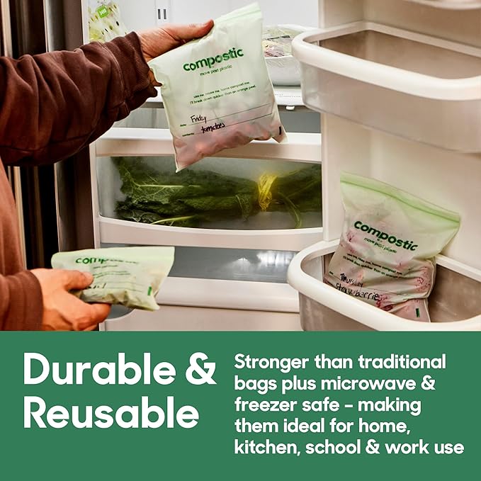 Home Compostable Resealable Snack Bags (6"x 3.5"), Microwave & Freezer Safe, Organic Food Storage Container, 30 Count (Pack of 2)