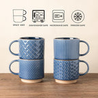 GBHOME 12OZ Stackable Coffee Mugs with Stand, Ceramic Coffee Mugs with Texture Patterns for Man,Woman,Dad,Mom, Modern Coffee Cups Set of 4 for Latte/Cappuccino/Cocoa. Dishwasher&Microwave Safe, Blue