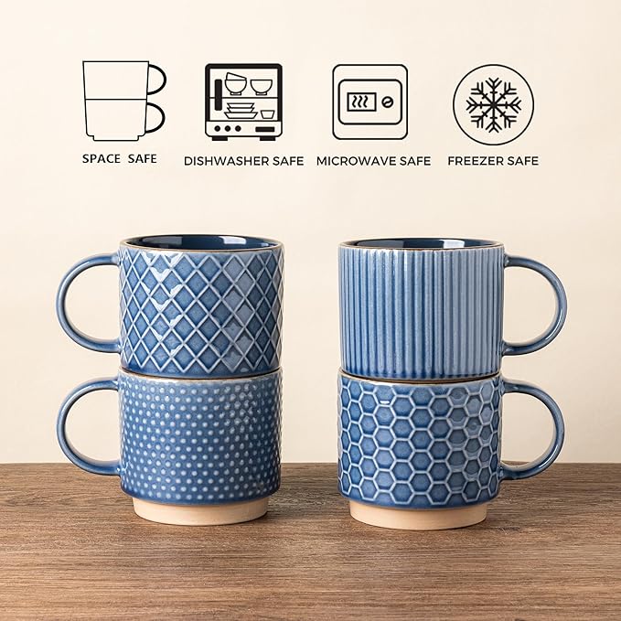 GBHOME 12OZ Stackable Coffee Mugs with Stand, Ceramic Coffee Mugs with Texture Patterns for Man,Woman,Dad,Mom, Modern Coffee Cups Set of 4 for Latte/Cappuccino/Cocoa. Dishwasher&Microwave Safe, Blue