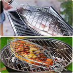 Fish Grill Basket, Large Fish Grilling Rack for Grill Fish Vegetables Shrimp, Folding Stainless Steel Grill Basket with Removable Wooden Handle & Basting Brush