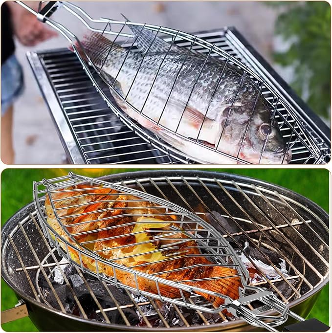 Fish Grill Basket, Large Fish Grilling Rack for Grill Fish Vegetables Shrimp, Folding Stainless Steel Grill Basket with Removable Wooden Handle & Basting Brush