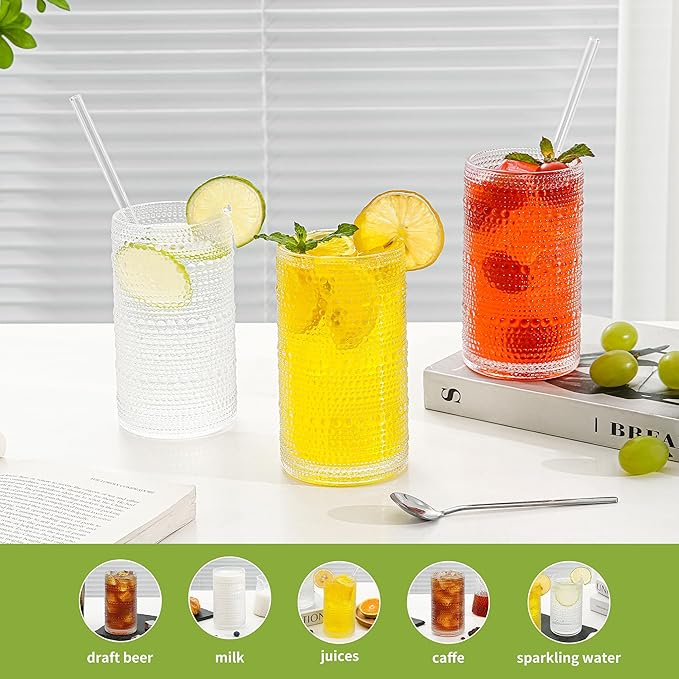 Large Vintage Hobnail Drinking Glasses Set of 6, 16oz Clear Highball Glasses Cups, Kitchen Water Glasses Cup, for Cocktail, Juice, Whiskey, Milk and Various Mixed Drinks