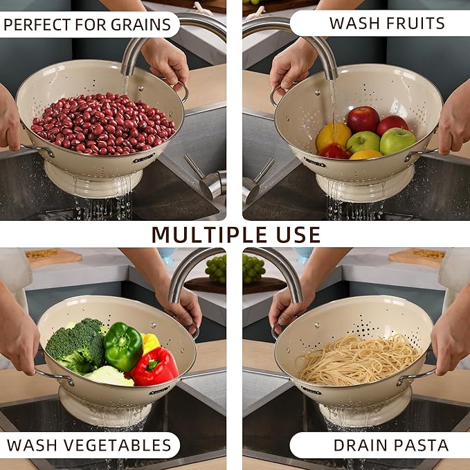 Metal Colander 2 Pack, Strainer Bowel with Handles 2Qt & 6Qt Powder Coated Solid Ring Base Heavey Duty Kitchen Drainer Basket for Pasta Veggies and Fruits,New Home Apartment Essentials (Almond Cream)