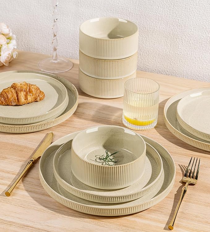 TheTerra Ceramic Dinnerware Sets for 8, 24 Pieces Porcelain Lightweight Plates and Bowls Sets, Scratch Resistant Dish Set, Oven & Microwave & Dishwasher Safe, Cappuccino