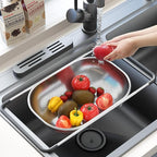 Over the Sink Colander - Strainers and Colanders - Sink Strainer Basket - Expandable Fine Mesh Strainer with Rubber Grip for Veggie, Fruits, Pasta, Home Kitchen Essentials (9.5W x 13.4-21.3L x 3.3H)