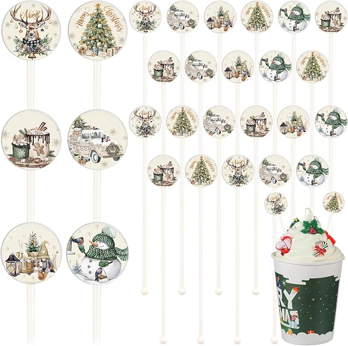 Meanplan 60pcs Christmas Swizzle Sticks Christmas Cocktail Stirrers Plastic Stir Sticks Xmas Santa Claus Snowman Decorations for Birthday Party Coffee Shop Supplies Favors Gifts(Reindeer)
