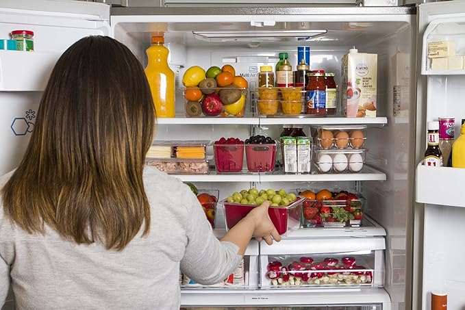 Kitchen Spaces KSCB12-AMZ Colander Bin Stackable Food Storage Organizer for Fridge, Freezer, and Pantry, 8.8" x 6.8" x 3.9", Red & Clear