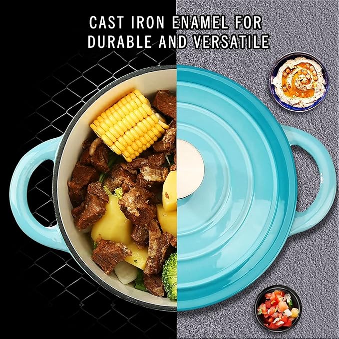 Enameled Cast Iron Dutch Oven, 5 QT Bread Baking Pot with Self Basting Lid, Non-stick Enamel Coated Cookware Pot, Great Christmas Gifts for Family, Teal