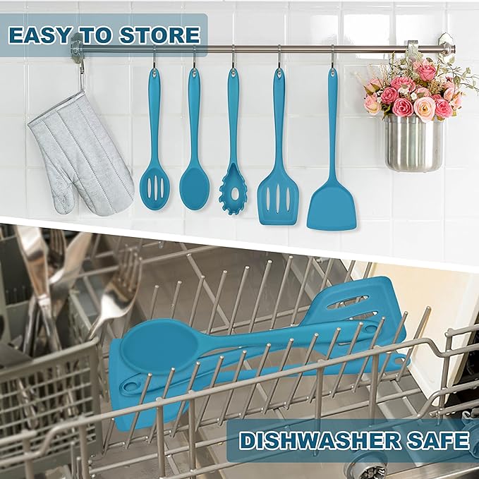 TeamFar Cooking Utensils Set, Silicone Kitchen Utensils of 5, Cooking Spoons Turners Pasta Server for Nonstick Cookware, Healthy & Heat-Resistant, Seamless & Non-Scratch, Dishwasher Safe, Dark Blue