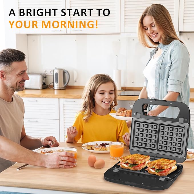 Sunvivi 3 in 1 Waffle, Grill & Sandwich Maker, Sandwich Maker Panini Press Waffle Iron Set with Removable Non-Stick Plates & Indicator Lights, Grill and Sandwich Press for Breakfast, 750W, Black