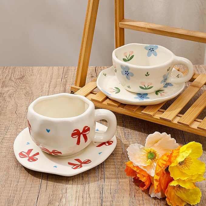 Koythin Ceramic Coffee Mug with Saucer Set, Cute Red Big Bow Cup Unique for Office and Home, 10 oz/300 ml for Latte Tea Milk