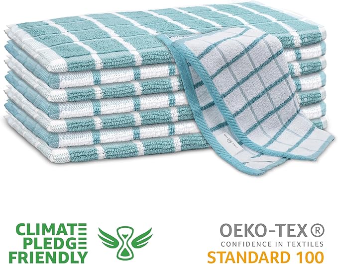Urban Villa Dish Cloths Terry Cotton Pack of 6, Highly Absorbent Quick Drying Super Soft Premium Dish Towels for Kitchen with Hanging Loop Hand & Tea Towels - 12x12 Inch, (Aqua & White, Checks)