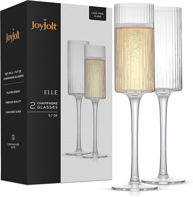 JoyJolt Elle 5.7oz Champagne Glasses, Fluted Glass Flute Set of 2, Vintage Style Unique Drinking Cocktail and Mimosa Glasses, Wedding Champagne Flutes