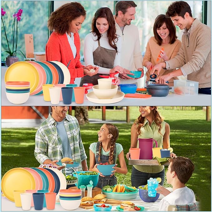 18pcs Wheat Straw Dinnerware Sets, Unbreakable dish Set Reusable Plates, Bowls, and Cups Set dishes Dishwasher Microwave Safe for Kitchen Outdoor Travel Camping (Light Macron)