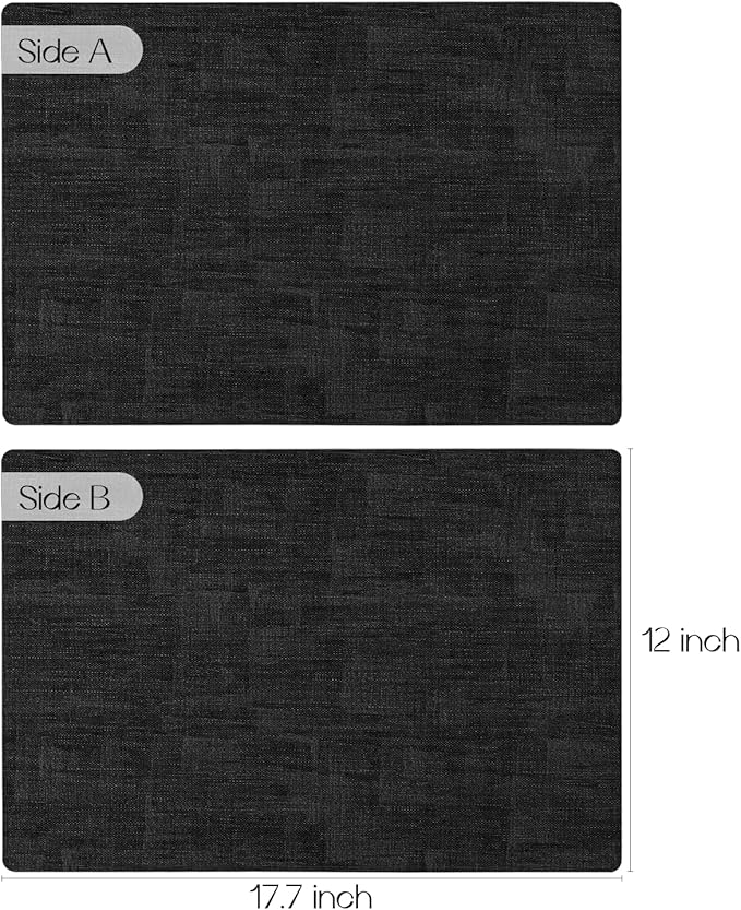 Romanstile Vinyl Placemats Set of 6-12 x 17 Inch - Heat Resistant Place Mats 100% Waterproof Oilproof Wipeable Reversible Faux Leather Table Mats for Kitchen/Dining/Party/Holiday, Black